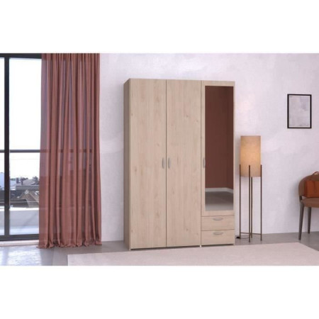 Armoire VARIA - Décor chene et blanc - 3 portes - 2 tiroirs - Porte droite avec miroi