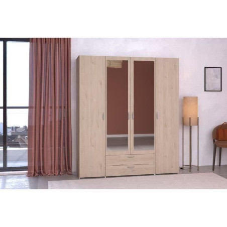 Armoire VARIA - Décor chene - 4 portes - 2 tiroirs - Portes centrales avec miroirs - 159,9 x 185 x 51,7