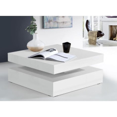 Table basse plateau rotatif - Carré Blanc brillant - 78 x 78 x 36 cm - COFFEE