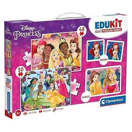 Clementoni - Edukit - Disney Princesses - Coffret apprentissage 4 en 1 - 2 puzzles, 1 mémo, 1 jeu de 6 cubes - Fabriqué en Ita