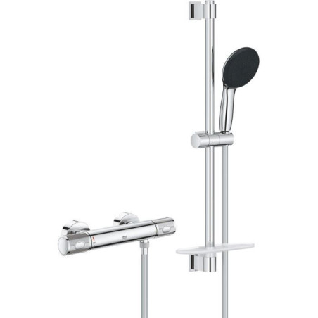 Ensemble de douche avec mitigeur thermostatique, pommeau 3 jets, barre 60cm et flexible - GROHE 34791001 - Economie d'eau - Chro