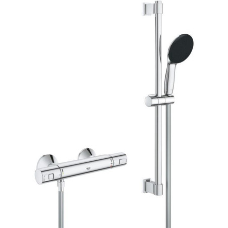 Ensemble de douche avec mitigeur thermostatique, pommeau 1 jet, barre 60cm et flexible - GROHE 34597001 - Economie d'eau - Chrom