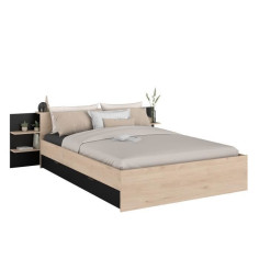 Lit adulte HORN avec tiroir de rangement - 140 x 190/200 cm - Décor chene et noir - PARISOT Lit adulte HORN avec tiroir de rangement - 140 x 190/200 cm - Décor chene et noir - PARISOT