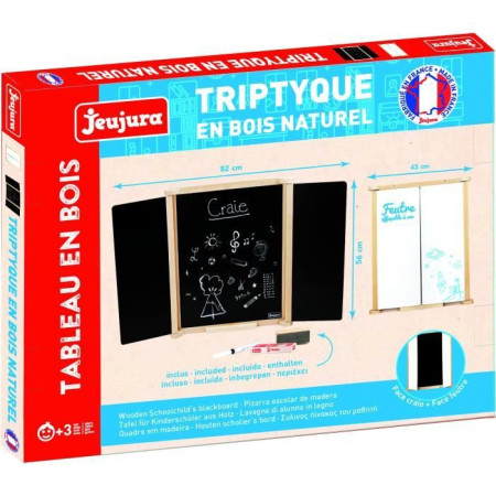 Tableau Triptyque Mural en Bois Naturel - JEUJURA - Ardoise Centrale et Volets Craie/