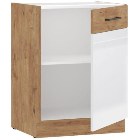 ROCK - Meuble bas - Mélaminé chene Lancelot et Blanc brillant - 60 cm - 1 porte battante - Plan de travail non inclus