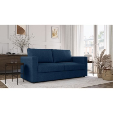 Canapé 3 places - Delta - Tissu Bleu - Convertible semi-express matelas 13cm - 190 x 92 x 90 cm