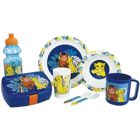 Lot Vaisselle Disney Le Roi Lion - FUN HOUSE - 006360 - Verre, Assiette Creuse, Assiette Plate, Mug, Gourde, Boîte Goûter Couv