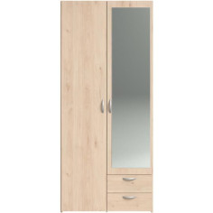 Armoire de chambre - VARIA - Décor chene - 2 portes dont 1 avec miroir - 2 tiroirs -