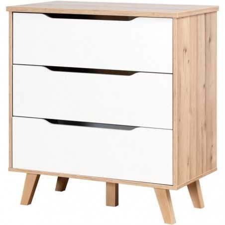 Commode VANKKA 3 Tiroirs - Décor chene et blanc - Scandinave - L 80 x P42 x H86,3cm