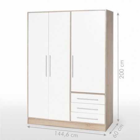 Armoire - 3 portes battantes + 2 tiroirs - L 145 x P 60 x H 200 cm - Décor blanc et chene - JUPITER