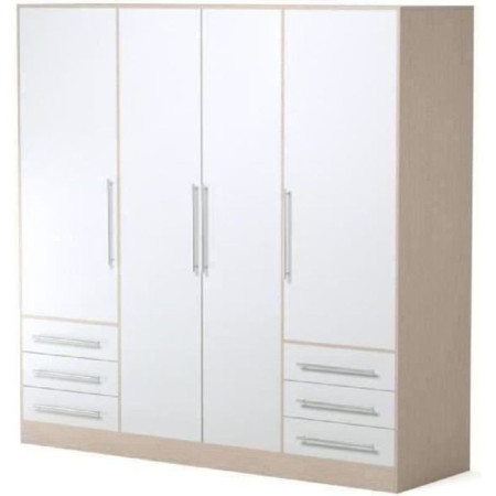 Armoire 4 portes battantes + 6 tiroirs- Bois aggloméré - Chene et blanc - L 206 x P 6