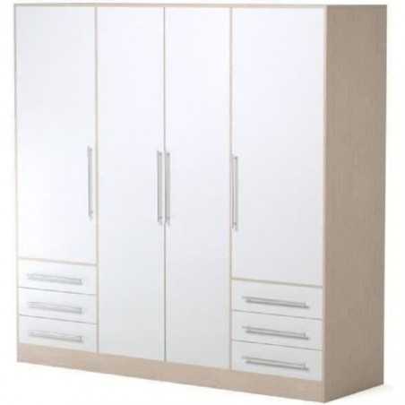 Armoire 4 portes battantes + 6 tiroirs - Chene et blanc - L 206 x P 60 x H 200 cm - JUPITER