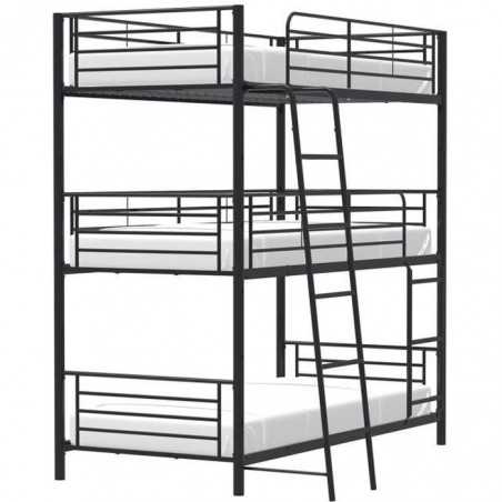 Lits superposés en métal - 3 places - Noir - Sommiers inclus - 3x90x190 cm - TRIO