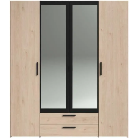 Armoire VARIA - 4 portes battantes + 2 miroirs + 2 tiroirs - Décor chene et noir - L160 x H 185 x P 51.7 cm