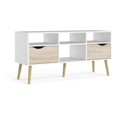 Meuble TV - 4 niches 2 tiroirs - Blanc / Chene - 117
