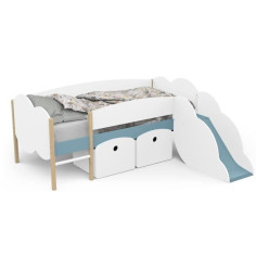 DEMEYERE Lit toboggan - 90 x 200 cm - Sommier a lattes - 2 Tirroirs - Décor blanc et bleu orage DEMEYERE Lit toboggan - 90 x 200 cm - Sommier a lattes - 2 Tirroirs - Décor blanc et bleu orage