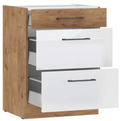 ROCK - Meuble bas casserolier - Mélaminé chene Lancelot et Blanc brillant - 60 cm - 3