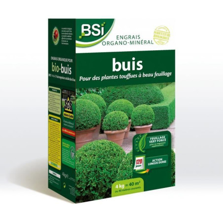 Engrais Bio pour Buis - Pour des plantes touffues a beau feuillage - Action Longue Durée - 4kg - jusqu'a 40 m² - BSI