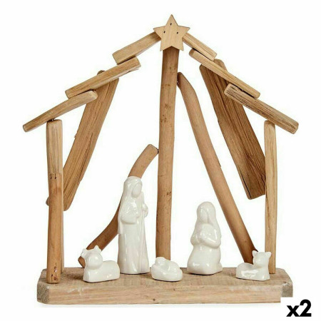 creche de noel ceramique marron blanc 2 unites 25 x 28 x 10 cm naturel bois 2 unites