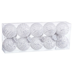 boules de noel blanc argente plastique tissu paillettes 6 x 6 x 6 cm 10 unites