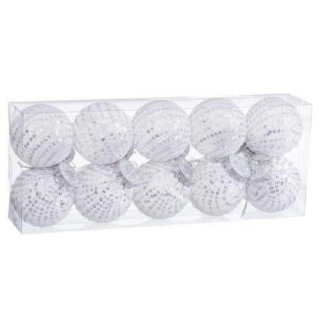 boules de noel blanc argente plastique tissu paillettes 6 x 6 x 6 cm 10 unites