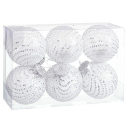 boules de noel blanc argente plastique tissu paillettes 8 x 8 x 8 cm 6 unites