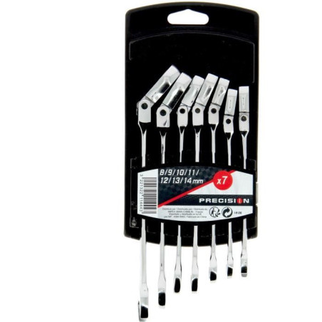 Jeu de 7 Clés mixtes a cliquet - PRECISION STEEL - 8 / 9 / 10 / 11 / 12 / 13 / 14 - Clé a fourche, avec oeil inclinable a 180°