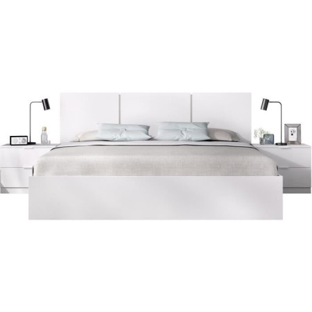 Ensemble structure de lit + tete de lit en 3 parties et 2 tables de nuit avec 2 tiroi
