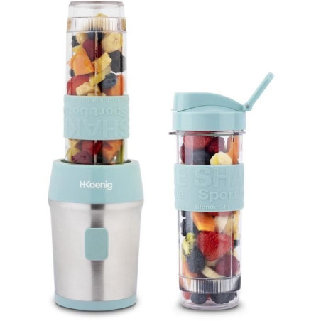 Mini blender - H.KoeNIG - SMOO16 - 300 W - 570 mL - Bleu pastel - 2 gourdes incluses - Sans BPA