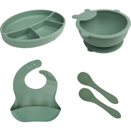 Pack Repas - THERMOBABY - Silicone - Vert Cactus - Assiette, bol, bavoir et cuilleres