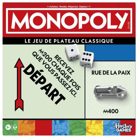 Monopoly classique, jeu de société de plateau, avec boîte de rangement et pions grand format, 2 a 6&nbsp;joueurs, version FR, des