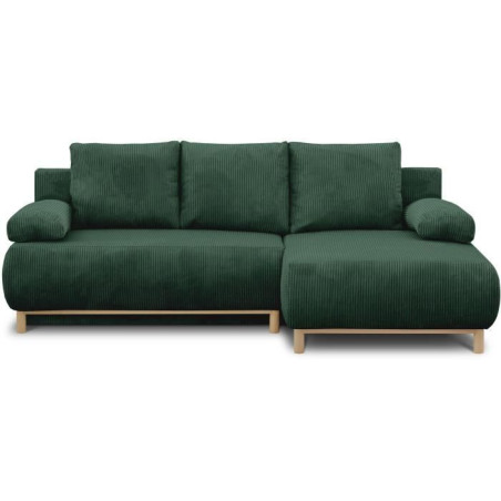 Canapé d'angle droite convertible - 3 places - MIKA - Tissu velours côtelé vert foncé - Coffre de rangement - 192 x 84 x 93