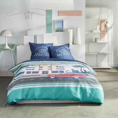 Parure de lit - TODAY - JAVA - 2 personnes - 240x220 cm - Coton - Imprimé Los Angeles - Bleu