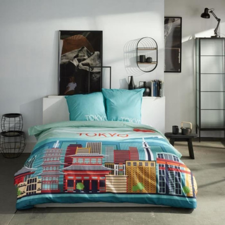 Parure de lit - TODAY - JAVA - 2 personnes - 240x220 cm - Coton - Imprimé Tokyo - Bleu