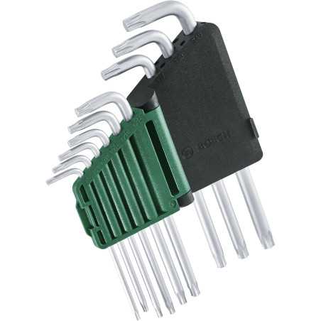 Bosch Set de 9 clés Torx (clés multitâches en acier S2 TX8-TX40 côté long surface antirouille, barrette de rangement)