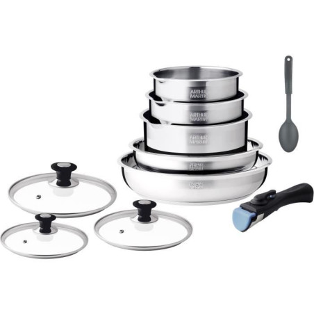 Batterie de cuisine induction - Arthur Martin - AM4485 - Acier inoxydable - 10 pieces - Poignée amovible - Tous feux dont induc