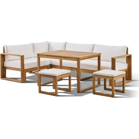 Salon de jardin d'angle modulable - Bois d'acacia - 6 personnes - LEVATA DINING - Blanc cassé + Housse