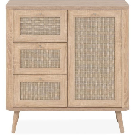 Commode - 3 tiroirs - 1 porte - Décor Cannage - L80,9 x H84 x P40 cm