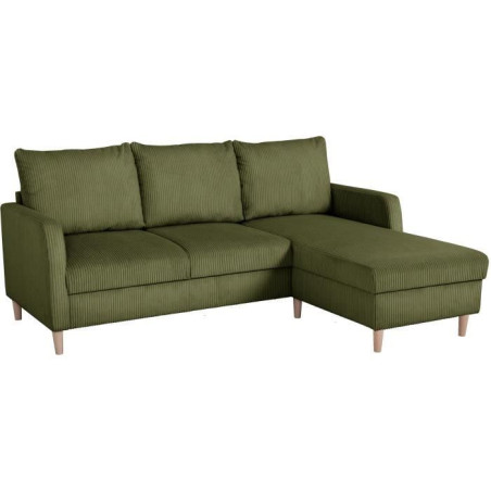 Canapé d'angle fixe - 3 places - CHIPY - Tissu Lincoln Kaki - Pieds bois nature - 192 x 82 x 138 cm