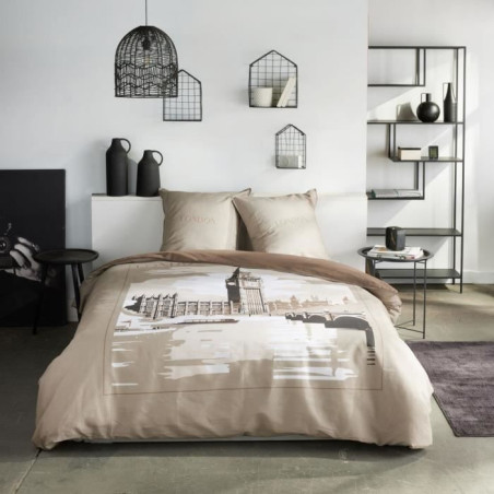 Parure de lit - TODAY - JAVA - 2 personnes - 240x220 cm - Coton - Imprimé London - Beige