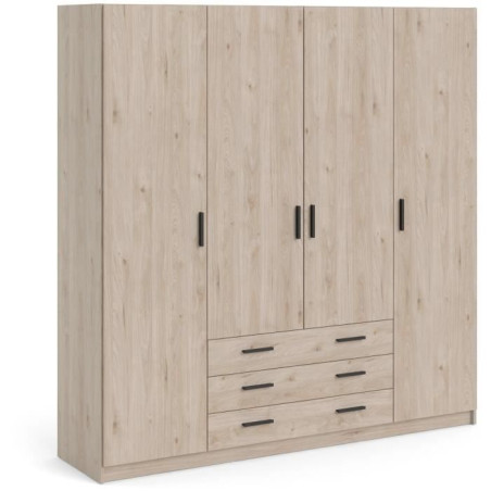 Armoire VEGA - Décor Chene Jackson - 4 portes + 3 tiroirs - L 195,5 x P 49,6 x H 200,4 cm