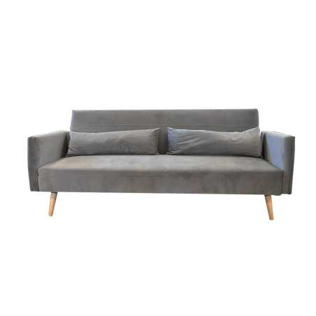 Canapé lit accoudoir tissu gris pieds en bois naturel 2 coussins longs
