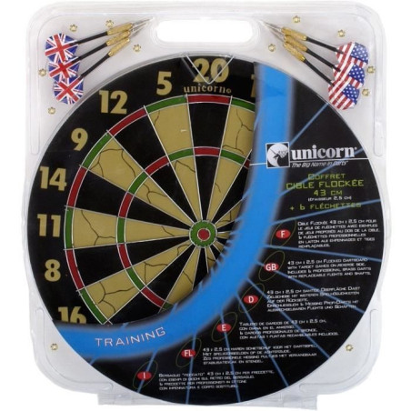 Coffret cible - UNICORN - Flocquée 43cm avec 6 fléchettes ailettes