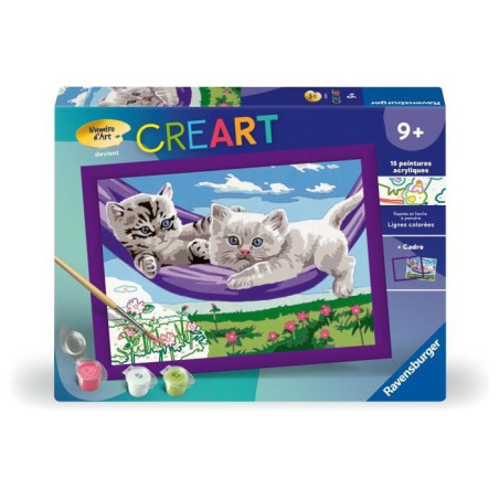 CreArt Kids 18x24cm Chatons dans le hamac, Kit de peinture par numéros Numéro d'Art, Des 9 ans, 25828, Ravensburger