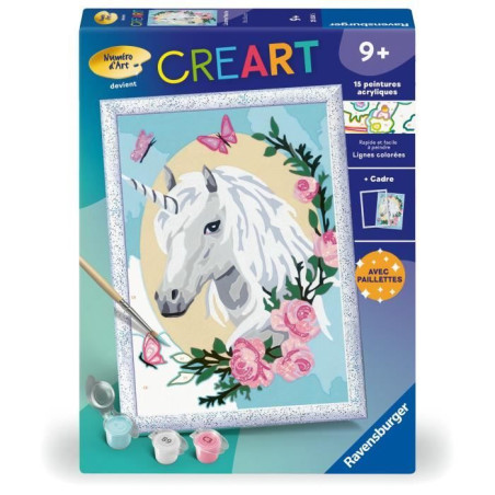 CreArt Kids 18x24cm Licorne fleurie, des 9 ans, Kit de peinture par numéros Numéro d'Art, 25834, Ravensburger