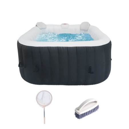 KIT TOUT INCLUS SPA et accessoires : spa gonflable carré 4 places avec 2 appuis tetes, filtre, épuisette, brosse, tapis, couve