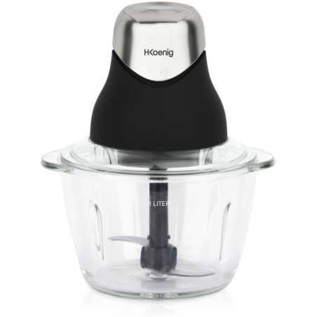 Mini hachoir électrique - H.Koenig - LEO8 - 320 W - Bol en verre 1 L - Lames en acier inoxydable - Noir mat et chrome