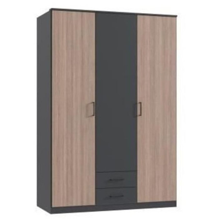 Armoire AGIA - Décor gris et chene - 3 portes battantes + 2 tiroirs - L135 x H199 x P58 cm