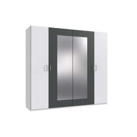 Armoire RHODES - 4 portes + miroirs - Décor Blanc et gris - L225 x P58 x H208 cm
