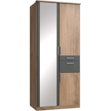 Armoire Décor Chene & Graphite - 3 portes battantes - Miroir - 2 tiroirs - L90 x P58 x H199 cm - VOLOS